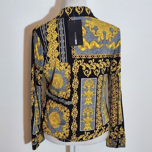 Fashion Nova Black and Gold Chain Print Top NWT Size Large Gold Chain Blouse