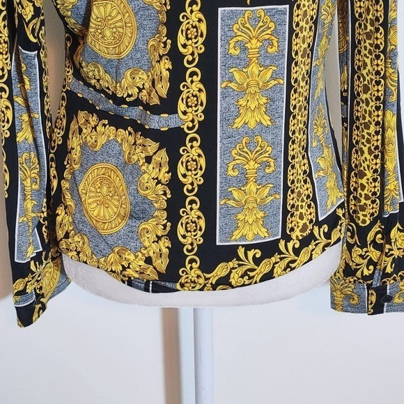 Fashion Nova Black and Gold Chain Print Top NWT Size Large Gold Chain Blouse