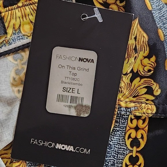 Fashion Nova Black and Gold Chain Print Top NWT Size Large Gold Chain Blouse