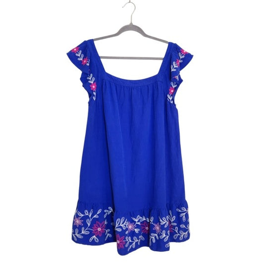 LOFT Blue Embroidered Boho Mini Dress Size Large