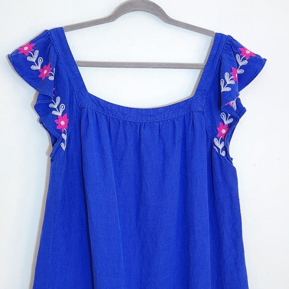 LOFT Blue Embroidered Boho Mini Dress Size Large