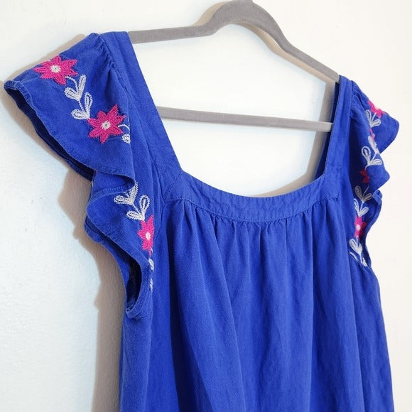 LOFT Blue Embroidered Boho Mini Dress Size Large