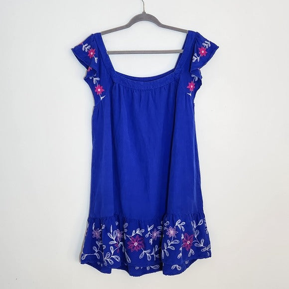 LOFT Blue Embroidered Boho Mini Dress Size Large
