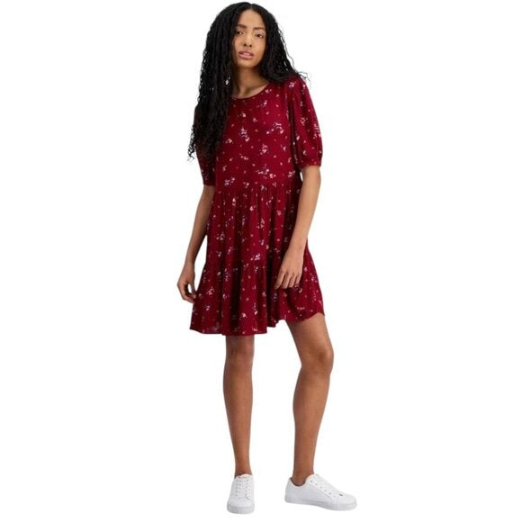 Tommy Hilfiger Burgundy Red Floral Tommy Print Tiered Mini Dress Size Small NWT