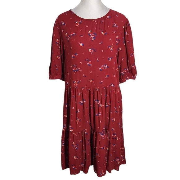 Tommy Hilfiger Burgundy Red Floral Tommy Print Tiered Mini Dress Size Small NWT