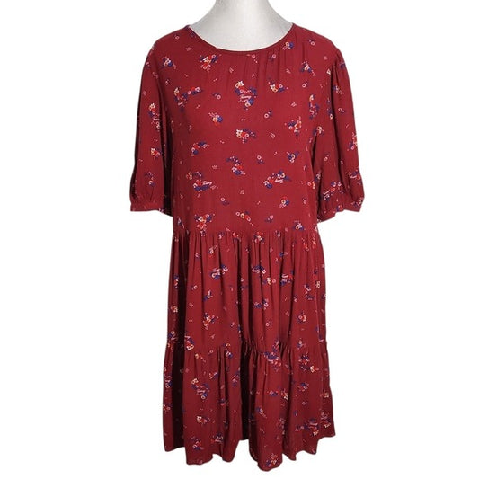 Tommy Hilfiger Burgundy Red Floral Tommy Print Tiered Mini Dress Size Small NWT