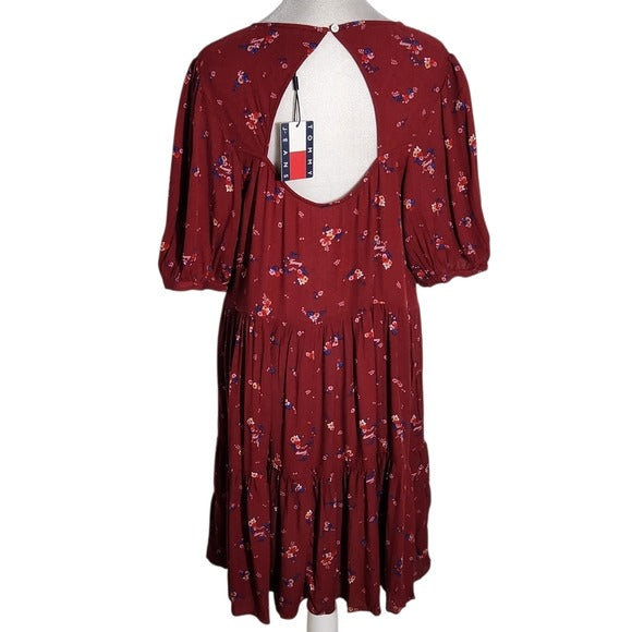 Tommy Hilfiger Burgundy Red Floral Tommy Print Tiered Mini Dress Size Small NWT