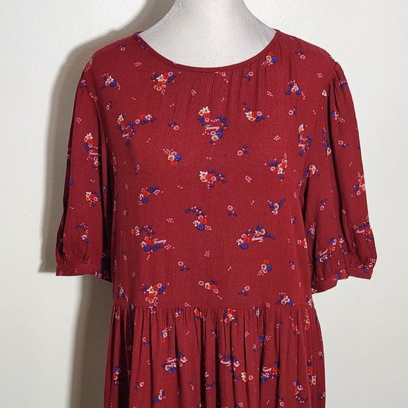 Tommy Hilfiger Burgundy Red Floral Tommy Print Tiered Mini Dress Size Small NWT