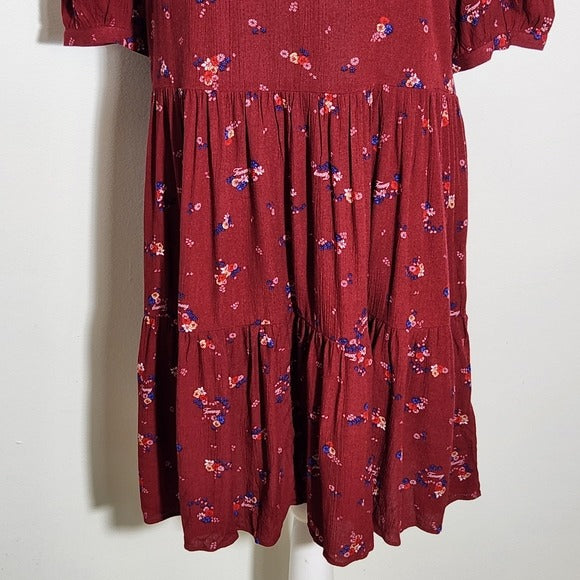 Tommy Hilfiger Burgundy Red Floral Tommy Print Tiered Mini Dress Size Small NWT