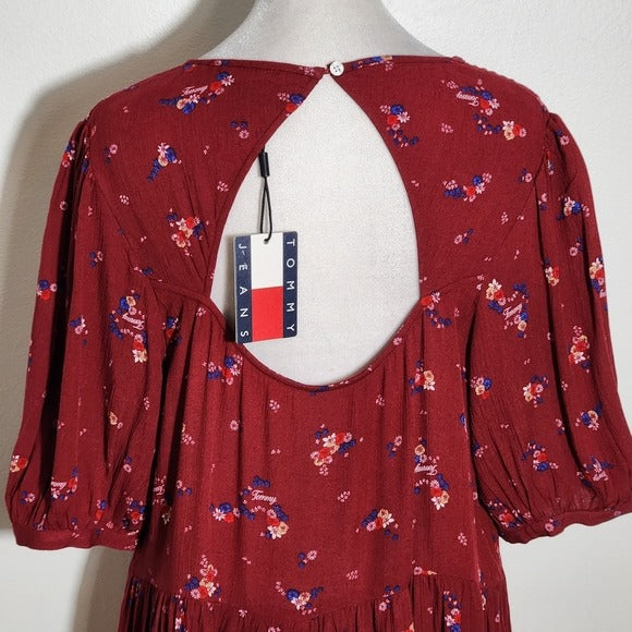 Tommy Hilfiger Burgundy Red Floral Tommy Print Tiered Mini Dress Size Small NWT