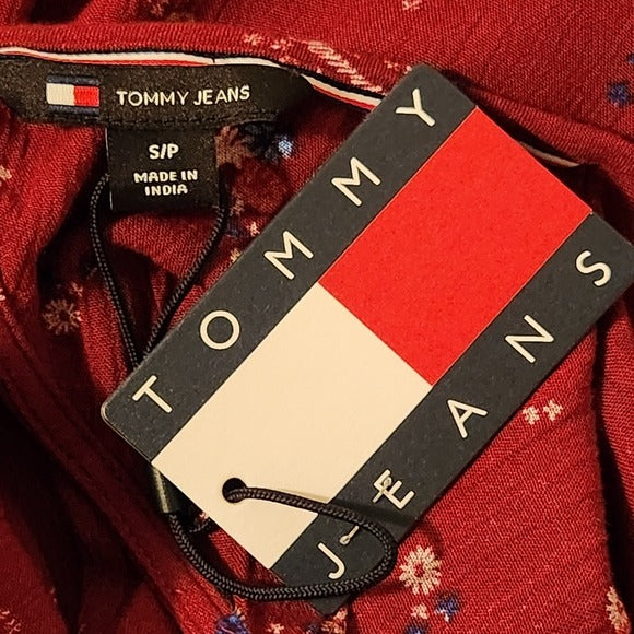 Tommy Hilfiger Burgundy Red Floral Tommy Print Tiered Mini Dress Size Small NWT