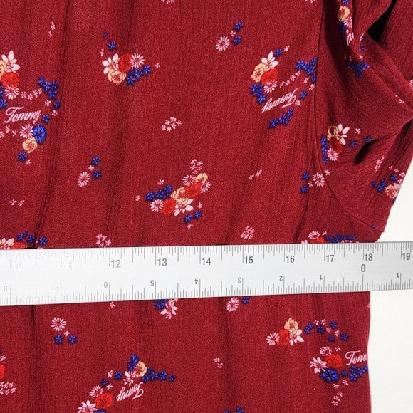 Tommy Hilfiger Burgundy Red Floral Tommy Print Tiered Mini Dress Size Small NWT