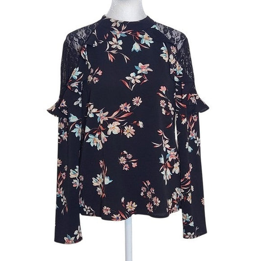 Lily White Black Floral Blouse with Lace Accent Size Medium Black Floral Top