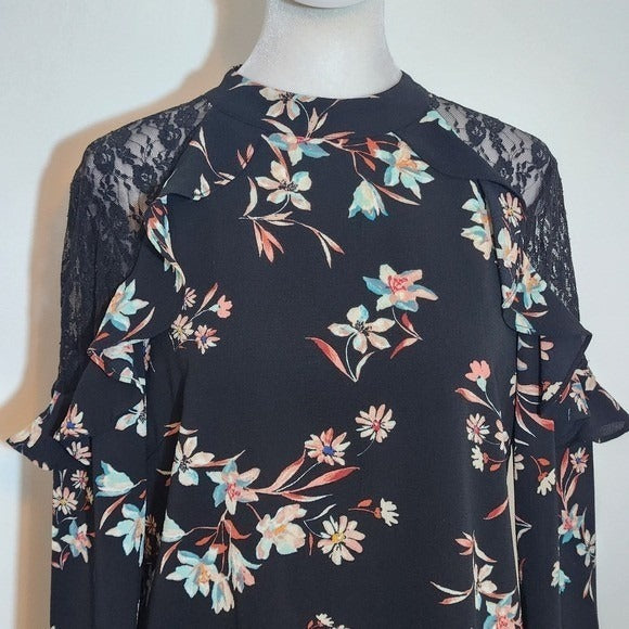Lily White Black Floral Blouse with Lace Accent Size Medium Black Floral Top