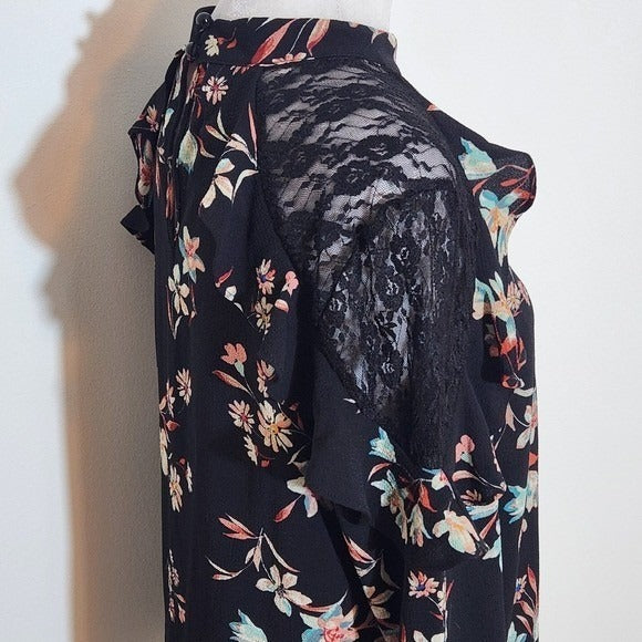 Lily White Black Floral Blouse with Lace Accent Size Medium Black Floral Top