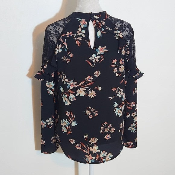 Lily White Black Floral Blouse with Lace Accent Size Medium Black Floral Top