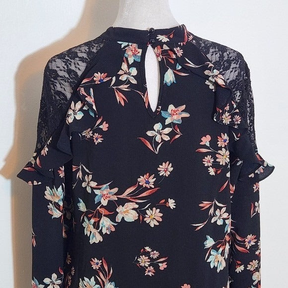 Lily White Black Floral Blouse with Lace Accent Size Medium Black Floral Top