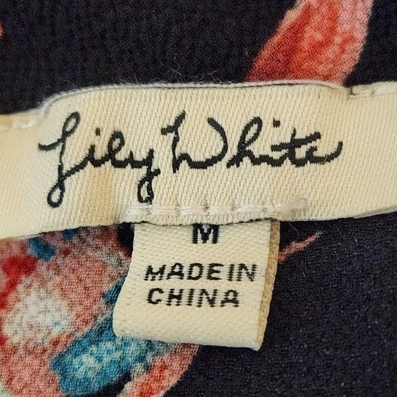 Lily White Black Floral Blouse with Lace Accent Size Medium Black Floral Top