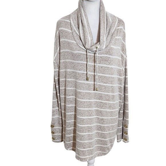 Ruby. Rd. Khaki and White Striped Cowl Neck Sweater Size XL Stripe Knit Sweater