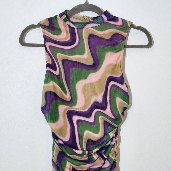 Privy Multicolor Retro Print Bodycon Mesh Mini Dress NWT Size Medium