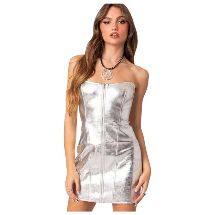 Edikted Silver Metallic Faux Leather Astro Zip-Up Mini Dress Size Medium NWT