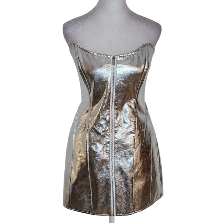 Edikted Silver Metallic Faux Leather Astro Zip-Up Mini Dress Size Medium NWT