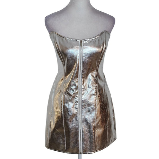 Edikted Silver Metallic Faux Leather Astro Zip-Up Mini Dress Size Medium NWT