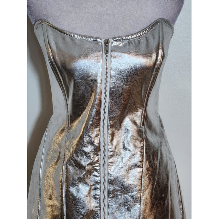 Edikted Silver Metallic Faux Leather Astro Zip-Up Mini Dress Size Medium NWT