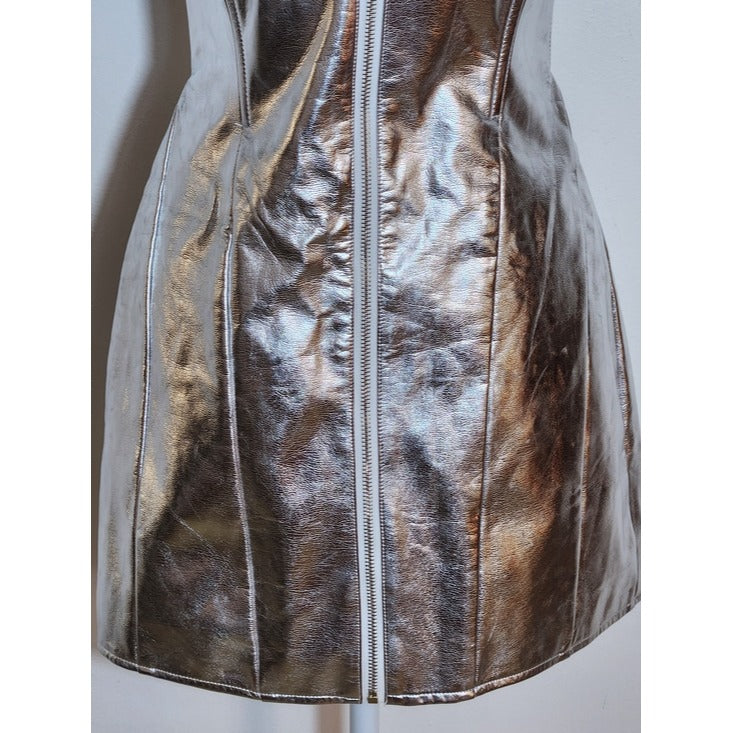 Edikted Silver Metallic Faux Leather Astro Zip-Up Mini Dress Size Medium NWT