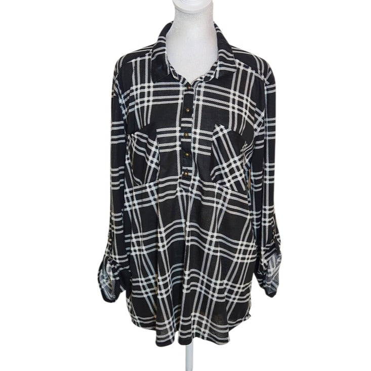 New York Laundry Black and White Plaid Tunic Button Down Shirt Size XL NWT