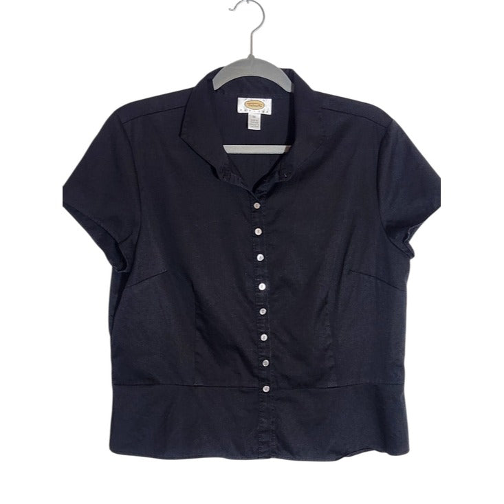 Talbots Black Cotton Button Up Blouse Size 14 Petite