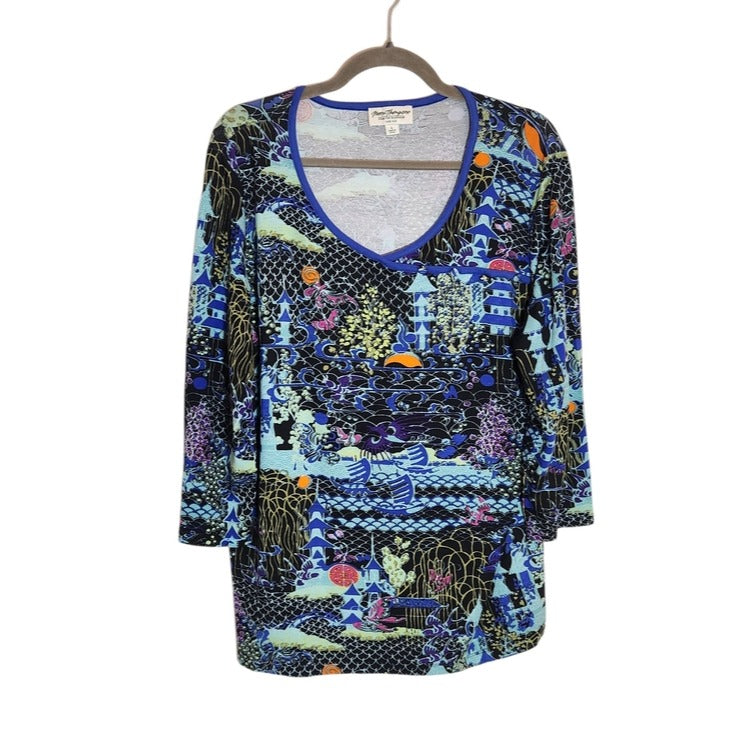 Norm Thompson Blue Multicolor Print 3/4 Sleeve Tunic Top Size Large