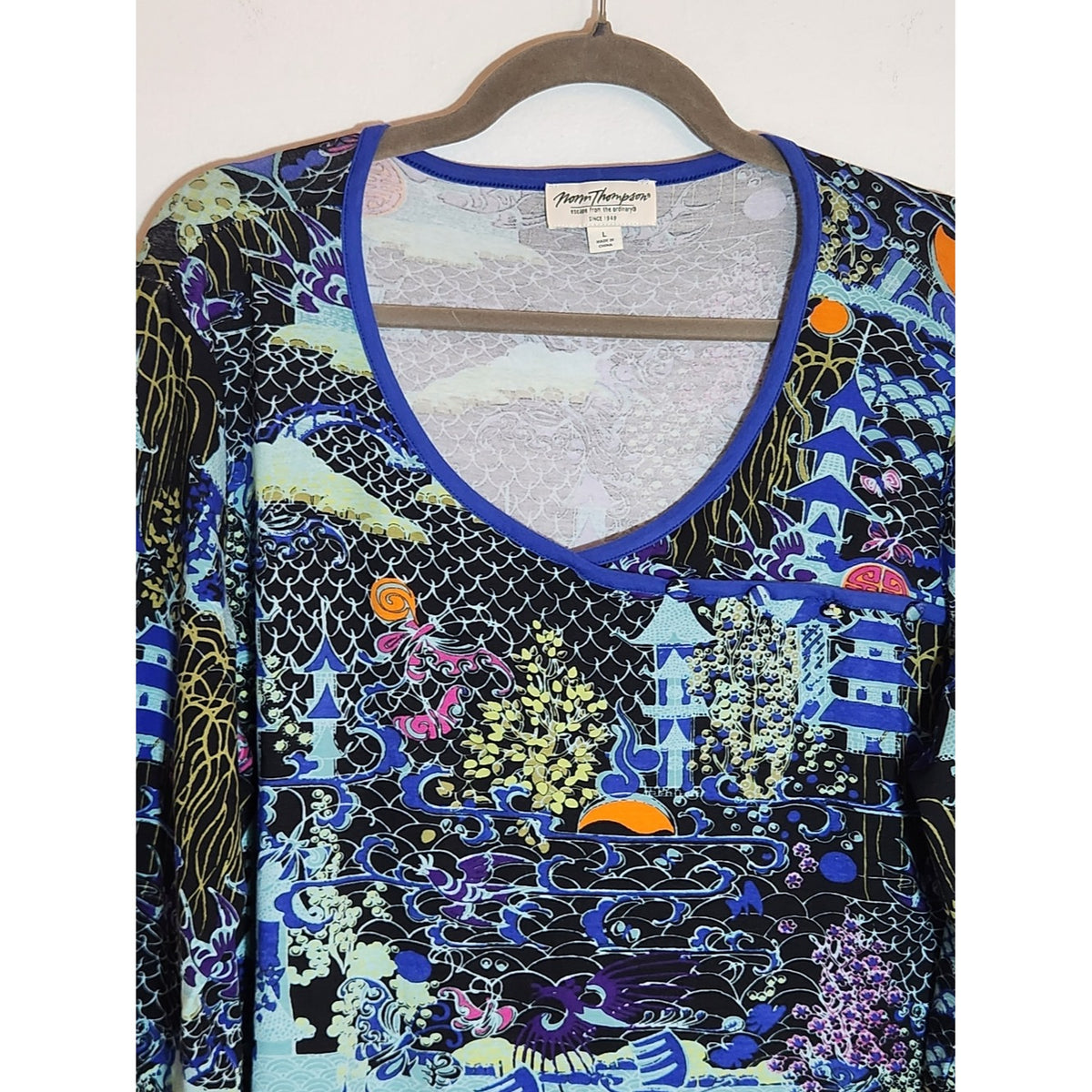 Norm Thompson Blue Multicolor Print 3/4 Sleeve Tunic Top Size Large