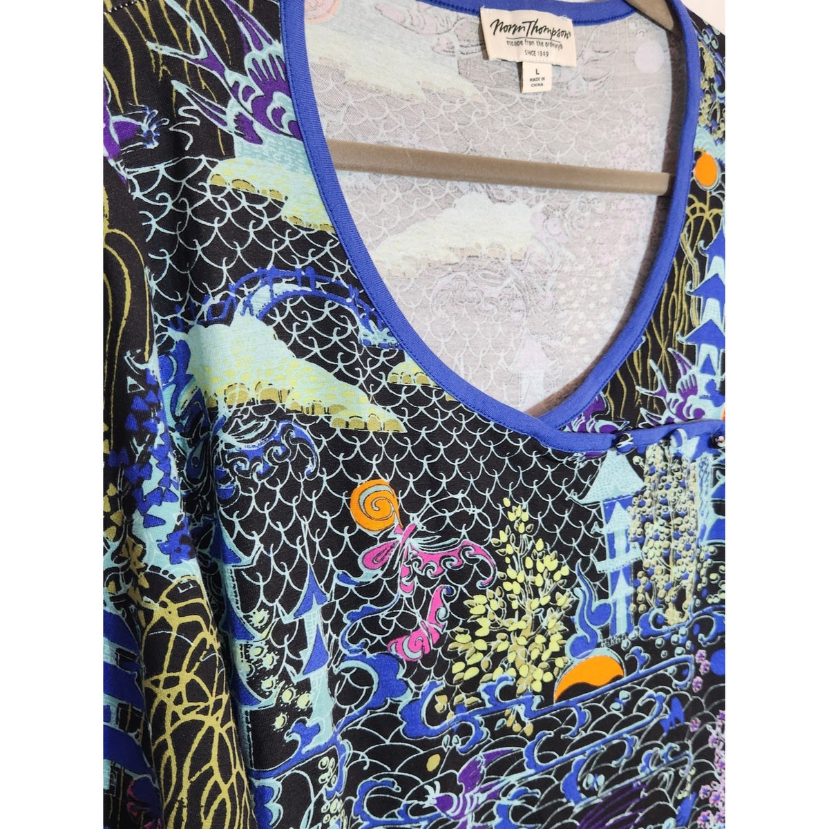 Norm Thompson Blue Multicolor Print 3/4 Sleeve Tunic Top Size Large