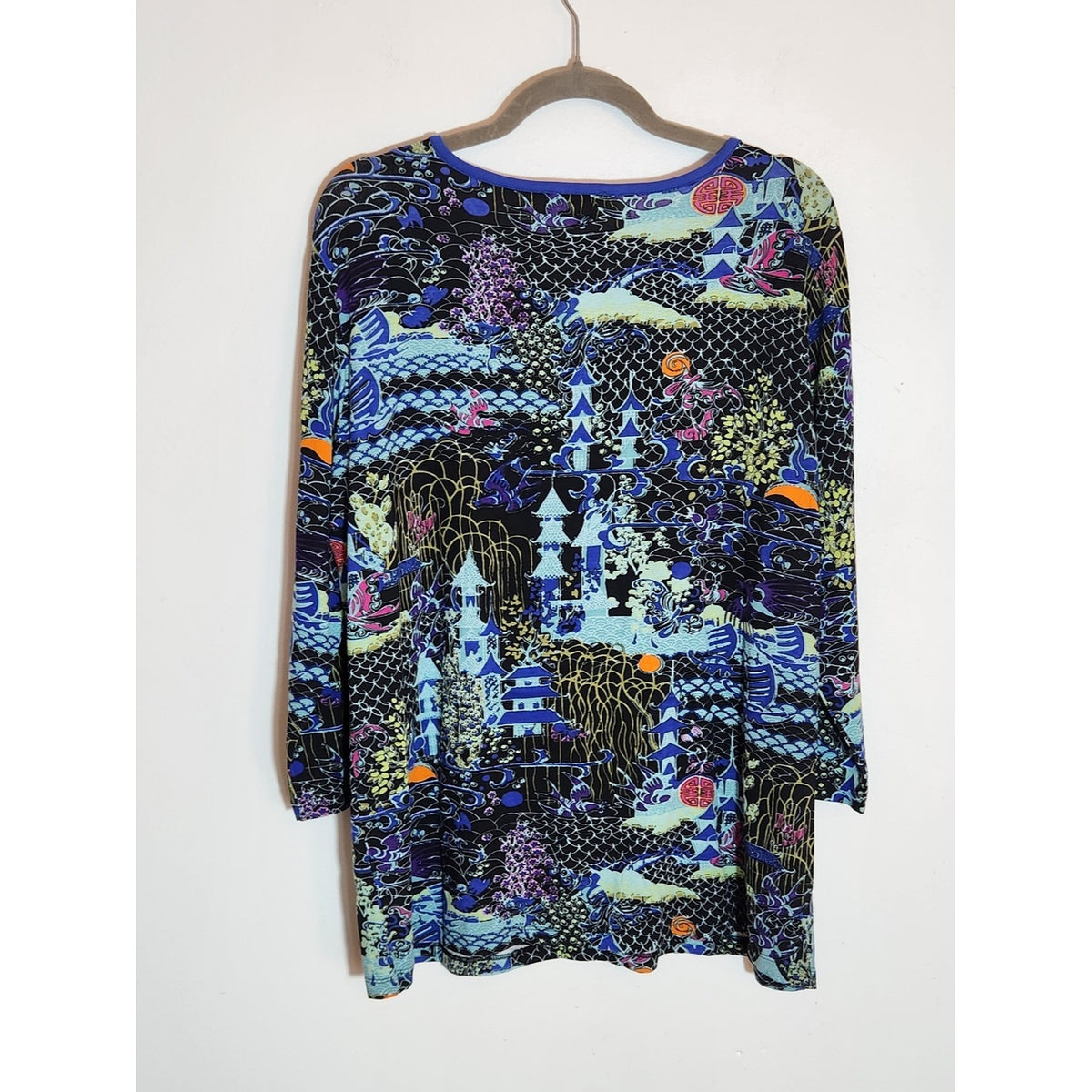 Norm Thompson Blue Multicolor Print 3/4 Sleeve Tunic Top Size Large