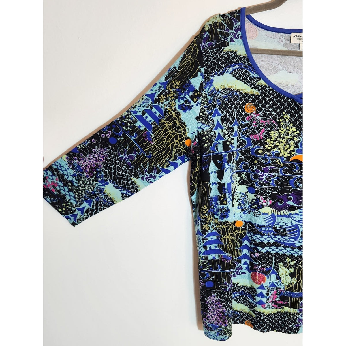 Norm Thompson Blue Multicolor Print 3/4 Sleeve Tunic Top Size Large