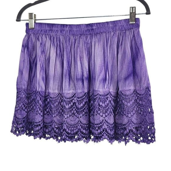 Raga Purple Dyed Flirty Mini Skirt with Crochet Lace Hemline Size Large, New