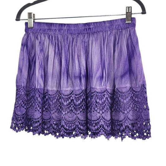 Raga Purple Dyed Flirty Mini Skirt with Crochet Lace Hemline Size Large, New