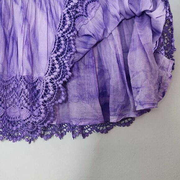 Raga Purple Dyed Flirty Mini Skirt with Crochet Lace Hemline Size Large, New