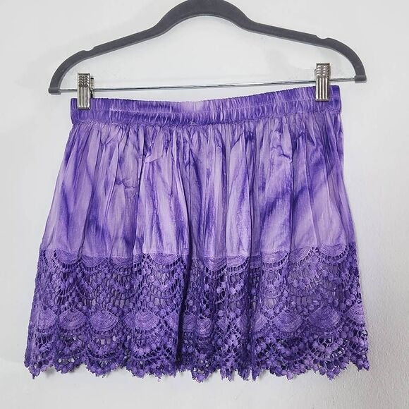Raga Purple Dyed Flirty Mini Skirt with Crochet Lace Hemline Size Large, New