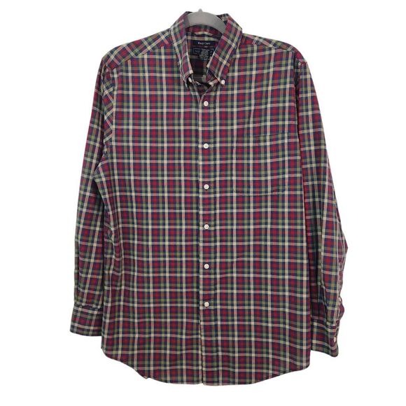 Saddlebred Plaid Button Down Shirt Size Medium Navy and Red Check Button-Up