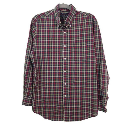 Saddlebred Plaid Button Down Shirt Size Medium Navy and Red Check Button-Up