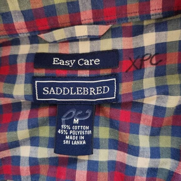 Saddlebred Plaid Button Down Shirt Size Medium Navy and Red Check Button-Up