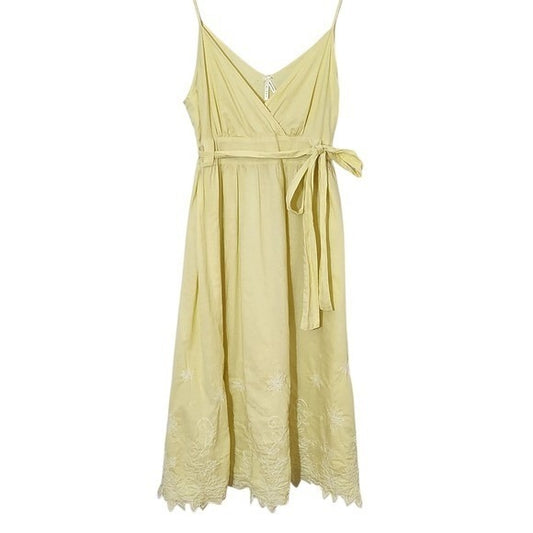 Lapis Yellow Sleeveless Midi Dress with Embroidery Sz Large Wedding Guest Dress