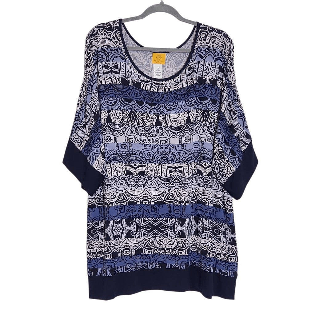 Ruby Rd. Blue Print Tunic Blouse with Beaded Neckline Size 1X