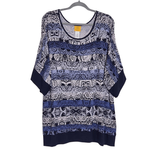 Ruby Rd. Blue Print Tunic Blouse with Beaded Neckline Size 1X