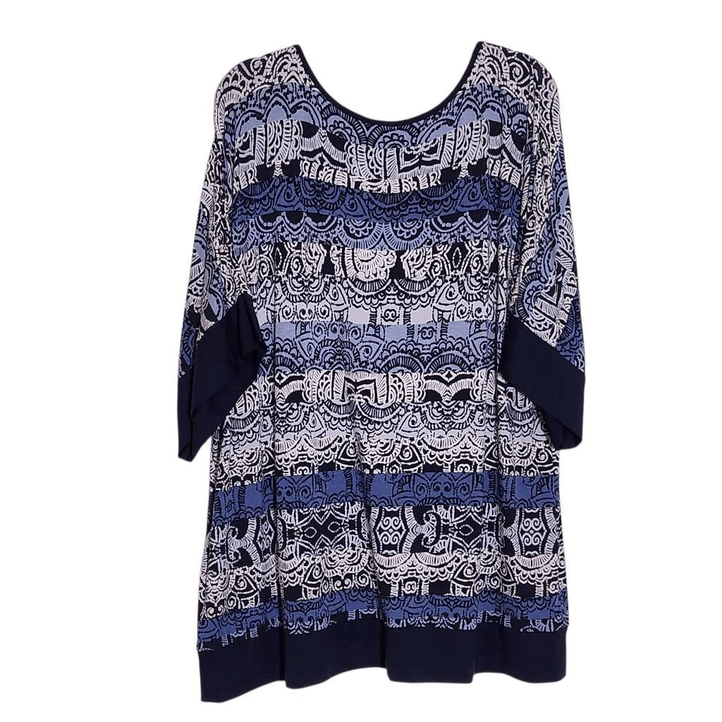 Ruby Rd. Blue Print Tunic Blouse with Beaded Neckline Size 1X