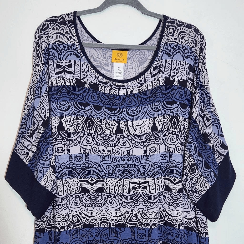 Ruby Rd. Blue Print Tunic Blouse with Beaded Neckline Size 1X