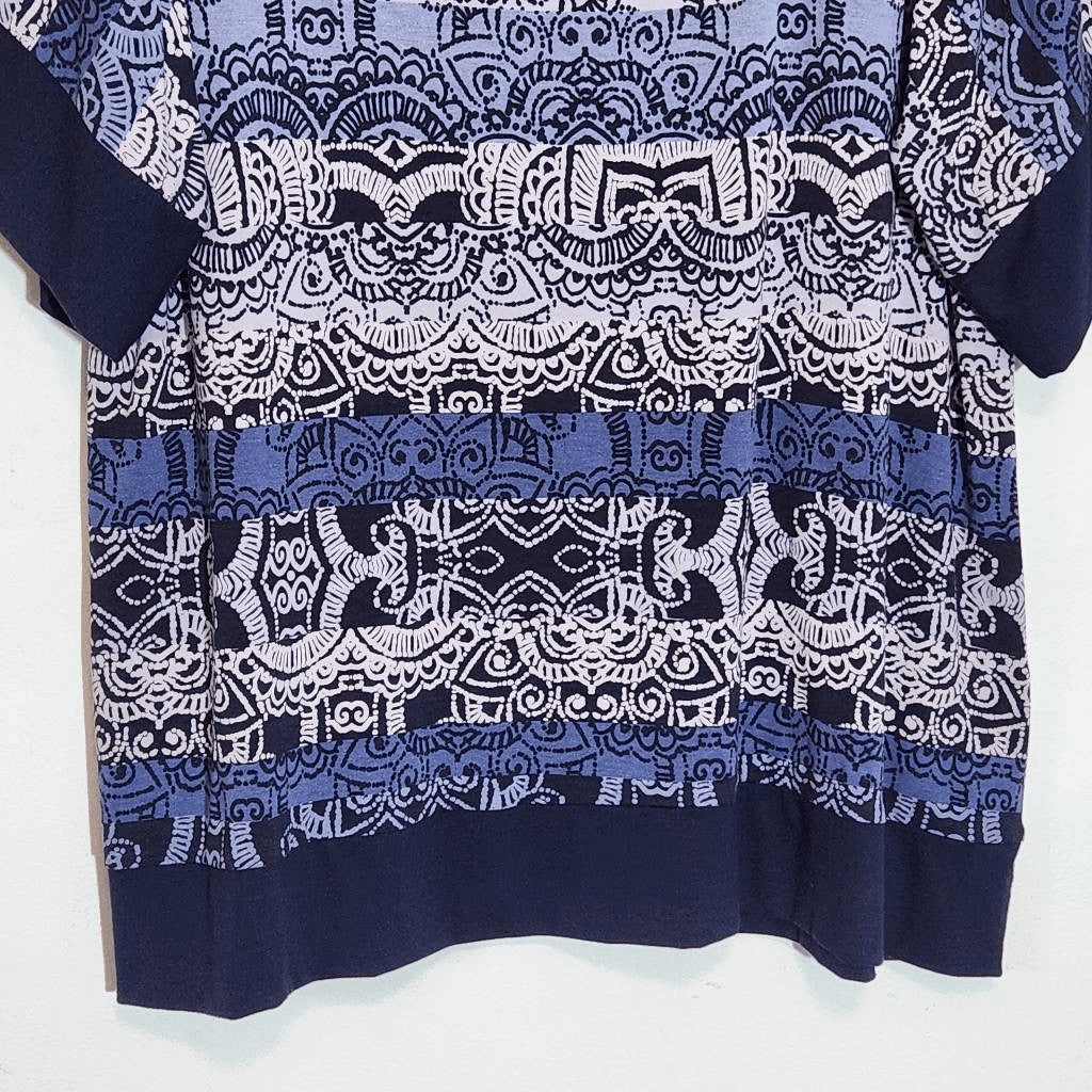 Ruby Rd. Blue Print Tunic Blouse with Beaded Neckline Size 1X