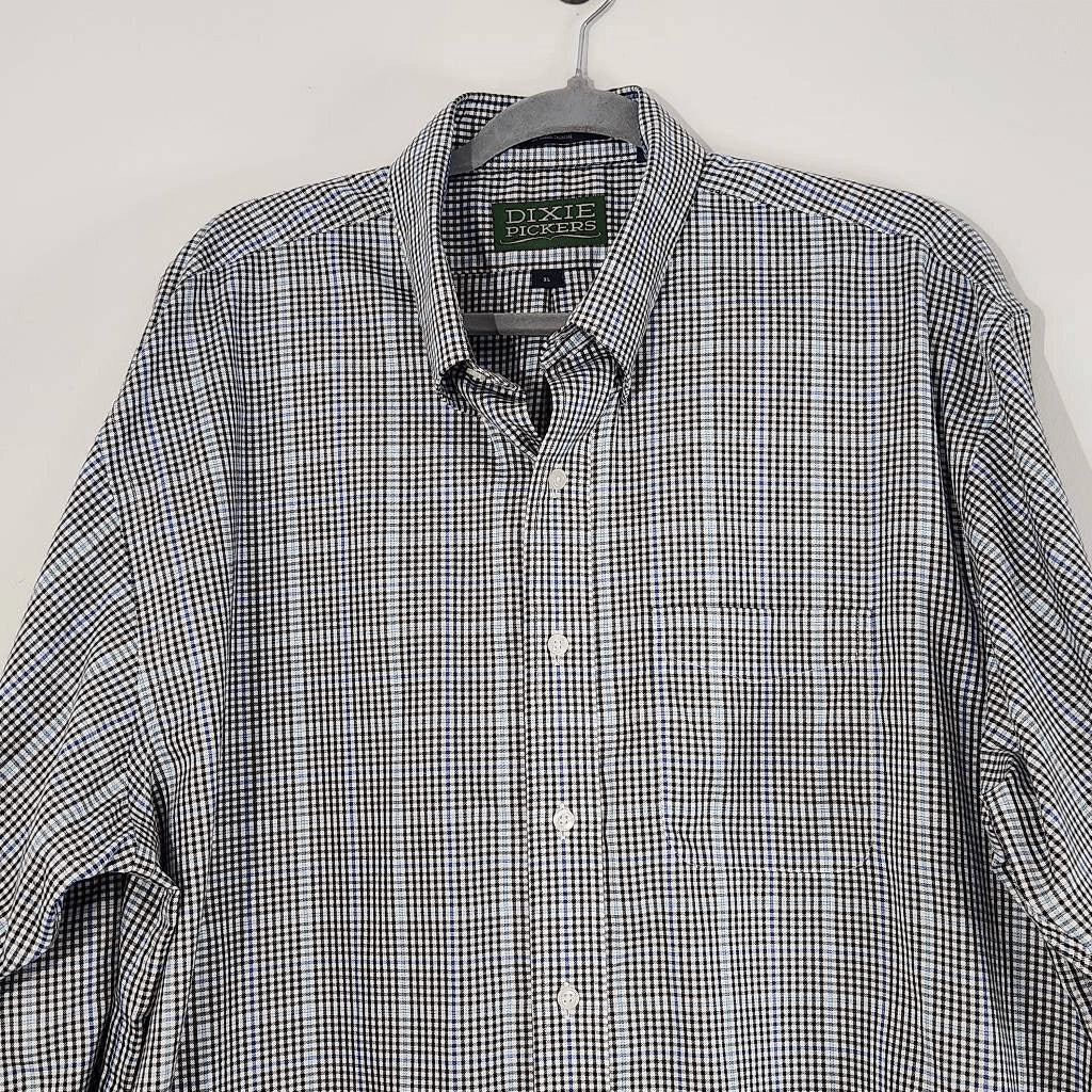 Dixie Pickers Black and Blue Plaid Button-Up Shirt Size XL Preppy Plaid Shirt